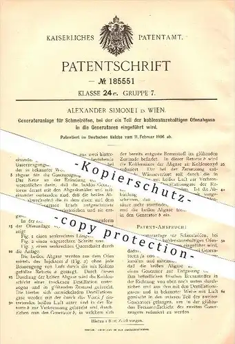 original Patent - Alexander Simonet in Wien , 1906 , Generatoranlage für Schmelzöfen , Ofen , Generator , Gas !!!