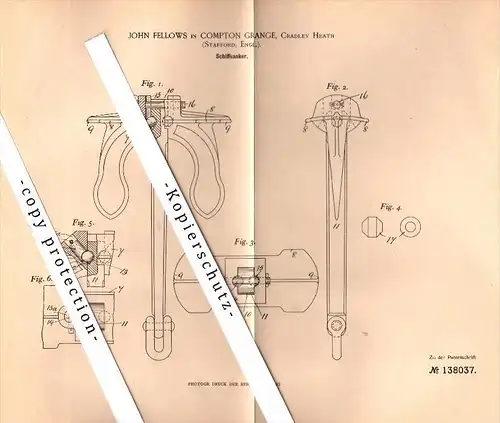 Original Patent - John Fellows in Compton Grange , Stafford , 1902 , ship anchor !!!