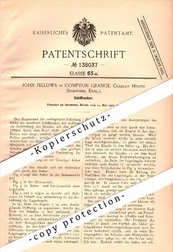 Original Patent - John Fellows in Compton Grange , Stafford , 1902 , ship anchor !!!