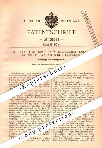 Original Patent -H. Coiffier , E. Viéville in Neuilly-Plaisance und A. Majesté in Neuilly-sur-Seine ,1900 , Strangpresse