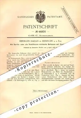 Original Patent - Hermann Hadam in Bissingen a.d. Enz , 1888 , Oelkanne mit Ventilkolben , Öl , Oel !!!