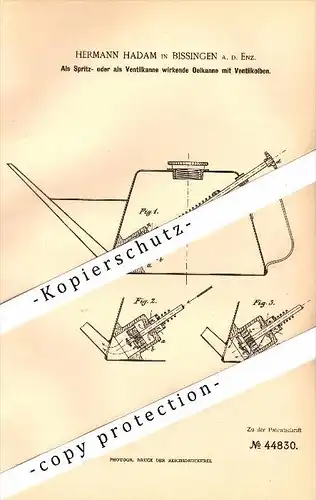 Original Patent - Hermann Hadam in Bissingen a.d. Enz , 1888 , Oelkanne mit Ventilkolben , Öl , Oel !!!