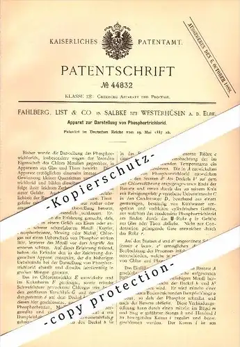 Original Patent - Fahlberg & List in Salbke b. Westerhüsen a.d. Elbe , 1887 , Apparat für Phosphortrichlorid , Magdeburg