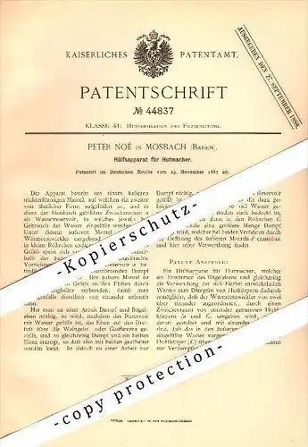 Original Patent - Peter Noe in Mosbach , Baden , 1887 , Apparat für Hutmacher , Hut , Hüte !!!