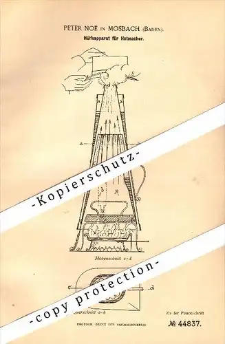Original Patent - Peter Noe in Mosbach , Baden , 1887 , Apparat für Hutmacher , Hut , Hüte !!!