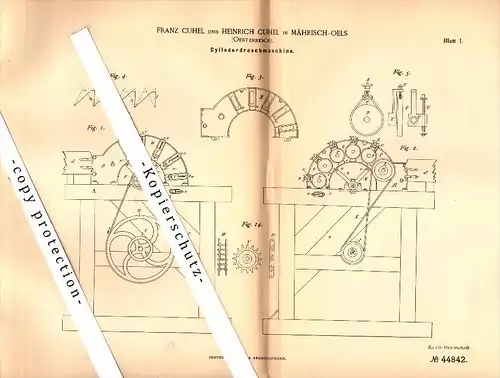 Original Patent -Franz Cuhel in Mährisch-Oels / Olesnice na Morave , 1888 , Cylinder-Dreschmaschine , Agrar !!!