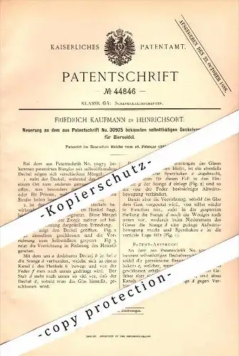 Original Patent - F. Kaufmann in Heinrichsort b. Lichtenstein / Sachsen , 1888 , Deckel für Bierseidel , Bier , Kneipe !
