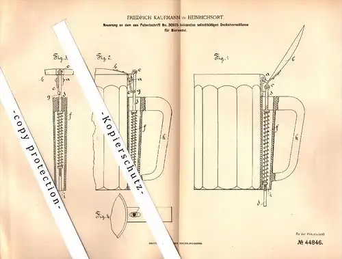 Original Patent - F. Kaufmann in Heinrichsort b. Lichtenstein / Sachsen , 1888 , Deckel für Bierseidel , Bier , Kneipe !