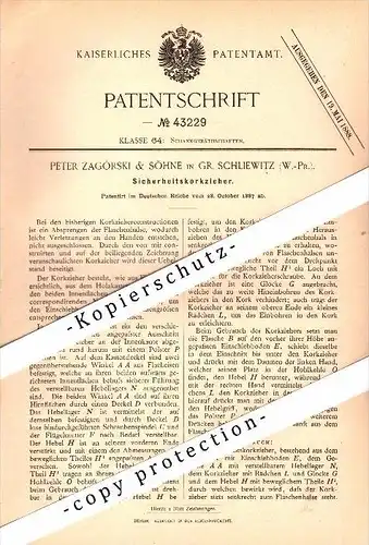 Original Patent - Peter Zagórski in Groß Schliewitz / Sliwice , 1887 , Korkenzieher , Westpreussen !!!