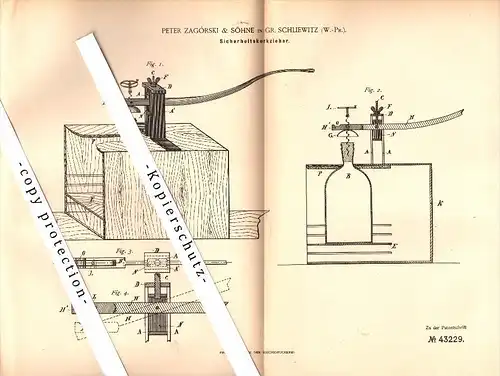 Original Patent - Peter Zagórski in Groß Schliewitz / Sliwice , 1887 , Korkenzieher , Westpreussen !!!