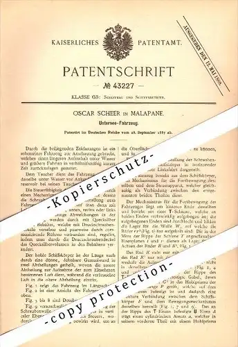 Original Patent - Oscar Scheer in Malapane / Ozimek , Schlesien , 1887 , Untersee-Fahrzeug , U-Boot , Unterseeboot  !!!