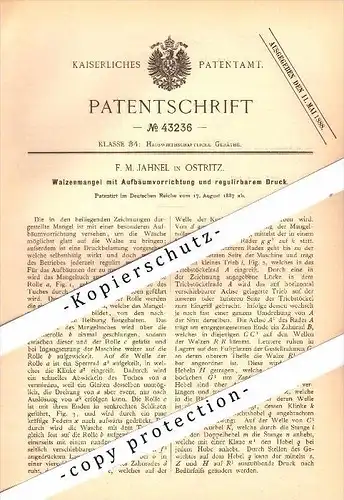Original Patent - F.M. Jahnel in Ostritz b. Görlitz , 1887 , Walzenmangel mit regulierbarem Druck !!!