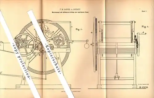 Original Patent - F.M. Jahnel in Ostritz b. Görlitz , 1887 , Walzenmangel mit regulierbarem Druck !!!