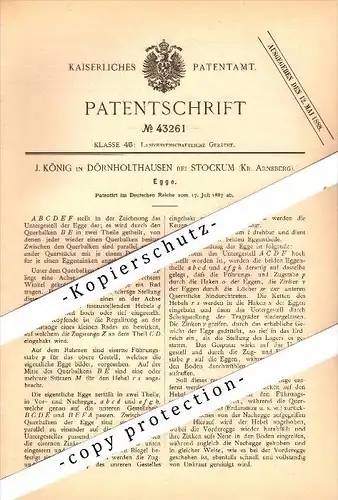 Original Patent - J. König in Dörnholthausen b. Stockum / Sundern , 1887 , Egge für Landwirtschaft , Kr. Arnsberg  !!!