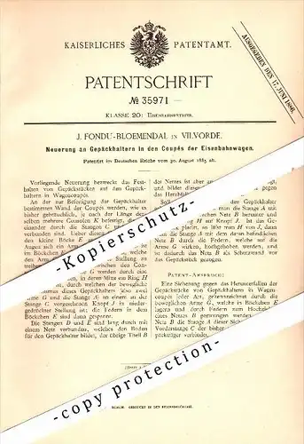 Original Patent - J. Fondu-Bloemendal in Vilvorde , 1885 , Gepäckhalter für Eisenbahn !!!