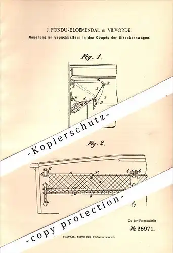 Original Patent - J. Fondu-Bloemendal in Vilvorde , 1885 , Gepäckhalter für Eisenbahn !!!