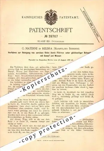 Original Patent - G. Materne in Helbra , 1886 , Reinigung von Öl , Oel , Mansfeld-Südharz !!!