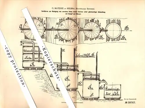 Original Patent - G. Materne in Helbra , 1886 , Reinigung von Öl , Oel , Mansfeld-Südharz !!!