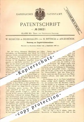 Original Patent - W. Schlüter in Neuenhagen und M. Bittrich b. Angermünde , 1886 , Ziegel-Streichmaschine , Ziegelei !!!