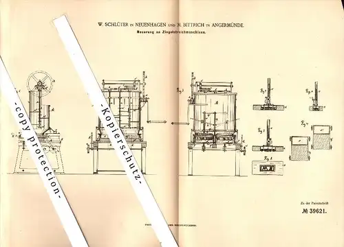 Original Patent - W. Schlüter in Neuenhagen und M. Bittrich b. Angermünde , 1886 , Ziegel-Streichmaschine , Ziegelei !!!