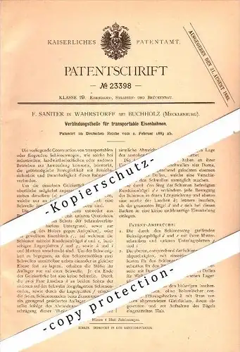 Original Patent - F. Saniter in Wahrstorf b. Pölchow i. Mecklenburg , 1883, transportable Eisenbahn , Rostock , Buchholz