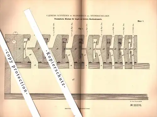 Original Patent - C. Schneider in Mudersbach b. Niederschelden / Siegen , 1882 , Windlade für Orgel , Kirche !!!