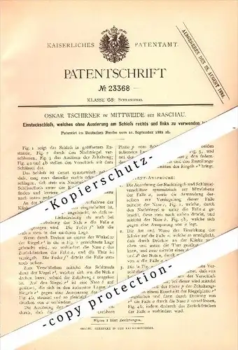 Original Patent - Oskar Tschirner in Mittweide b. Raschau , 1882 , Einsteckschloß , Schlosserei , Raschau-Markersbach !!