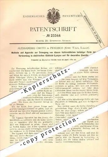 Original Patent - Alessandro Cruto in Piossasco , Turin , 1882 , Fabbricazione di lampade !!!