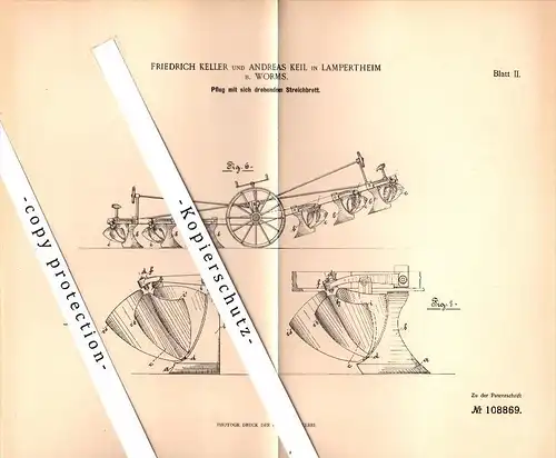 Original Patent - F. Keller und A. Keil in Lampertheim b. Worms , 1899 , Pflug mit Streichbrett , Landwirtschaft !!!