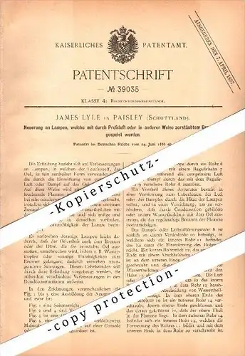 Original Patent - James Lyle in Paisley , Scotland , 1886 , Lamps with atomized fuel !!!