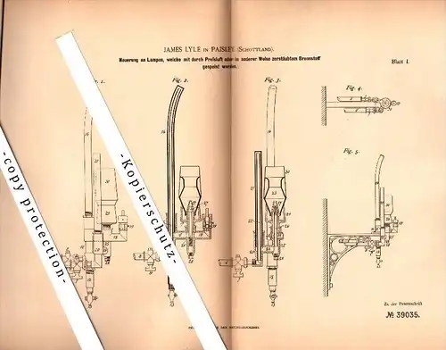 Original Patent - James Lyle in Paisley , Scotland , 1886 , Lamps with atomized fuel !!!