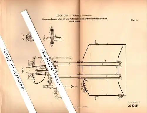 Original Patent - James Lyle in Paisley , Scotland , 1886 , Lamps with atomized fuel !!!