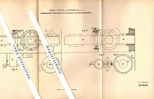 Original Patent - Georg J. Wesch in Eppelheim , 1886 , Schaltung für Futterschneidemaschine , Landwirtschaft , Agrar !!!