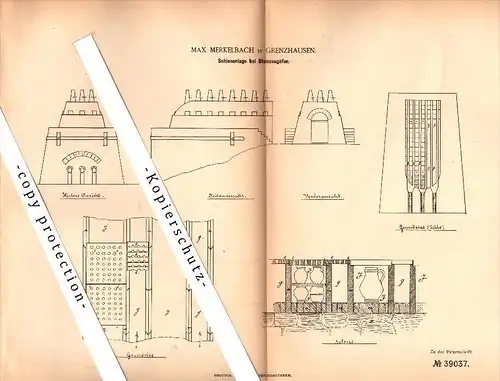 Original Patent - Max Merkelbach in Grenzhausen b. Koblenz , 1886 , Sohlananlage bei Steinzeugöfen , Keramik !!!