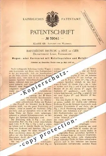 Original Patent - Barthélemy Brunon à Rive-de-Gier , Loire , 1886 , Faire la roue à rayons métalliques !!!