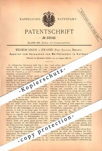 Original Patent - W. Lerch in Kwasnei / Post Solnitz / Solnice , 1886 , Apparat zum Verpacken von Würfelzucker , Zucker