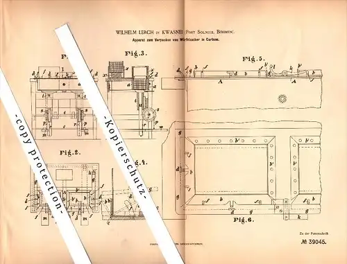 Original Patent - W. Lerch in Kwasnei / Post Solnitz / Solnice , 1886 , Apparat zum Verpacken von Würfelzucker , Zucker