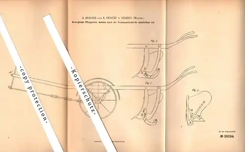 Original Patent - A. Bodtke und R. Hencke in Rehden / Radzyn Chelminski , 1886 , Pflug , Agrar , Westpreussen !!!