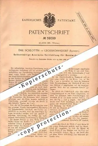 Original Patent - Emil Schlotter in Großröhrsdorf i. Sachsen , 1886 , Apparat für Webstühle , Weberei , Weber !!!