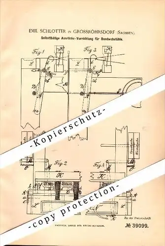 Original Patent - Emil Schlotter in Großröhrsdorf i. Sachsen , 1886 , Apparat für Webstühle , Weberei , Weber !!!