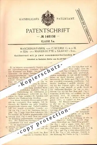 Original Patent - C. Kulmiz in Idahütte b. Saarau / Zarow i. Schlesien , 1903 , Apparat für Bergbau , Zeche !!!