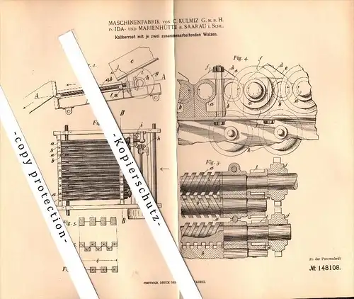 Original Patent - C. Kulmiz in Idahütte b. Saarau / Zarow i. Schlesien , 1903 , Apparat für Bergbau , Zeche !!!
