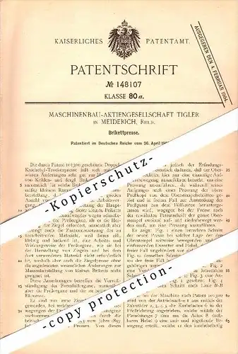 Original Patent -Maschinenbau Tilger in Meiderich b. Duisburg , 1902 , Brikettpresse , Brikett , Kohle !!!