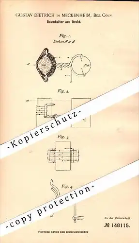 Original Patent - Gustav Dietrich in Meckenheim b. Köln , 1903 , Baumhalter aus Draht , Baumschule , Forst !!!