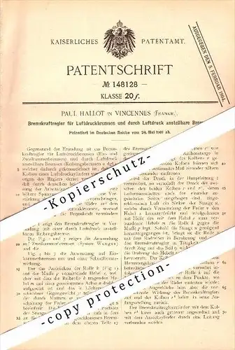 Original Patent - Paul Hallot à Vincennes , 1901 , Régulateur de pression de frein pour freins à air comprimé !!!