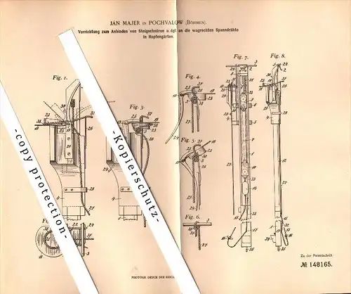 Original Patent - Jan Majer in Pochvalow / Pochvala , Böhmen ,1902, Apparat für Hopfenbau , Hopfen , Bier , Brauerei !!!