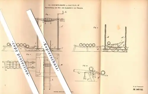 Original Patent - H.J. Krümpelmann in Datteln i.W. , 1903 , Apparat zum Einkellern von Fässern , Fässer !!!