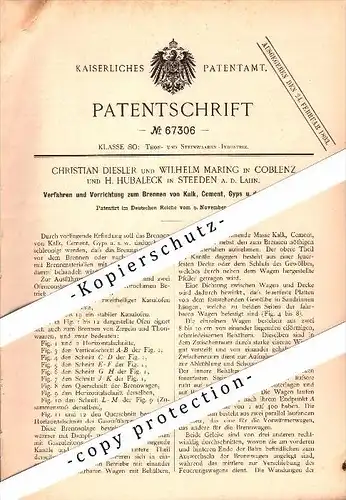 Original Patent - H. Hubaleck in Steeden / Runkel a.d. Lahn , 1890 , Cement , C. Diesler und W. Maring in Koblenz !!!