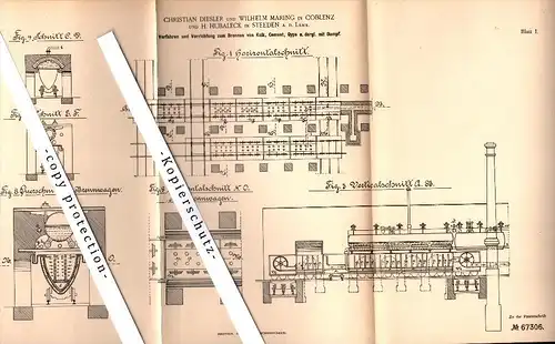 Original Patent - H. Hubaleck in Steeden / Runkel a.d. Lahn , 1890 , Cement , C. Diesler und W. Maring in Koblenz !!!