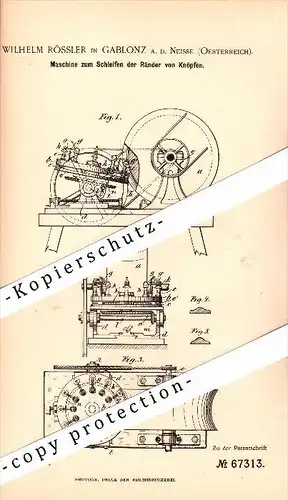 Original Patent - Wilhelm Rössler in Gablonz a.d. Neisse / Jablonec nad Nisou , 1892 , Maschine für Knöpfe , Knopf !!!